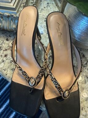 Anne Michelle Black Slingback Mules with Gold Chain Medallions